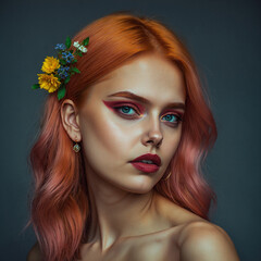 Naklejka premium Stunning young woman with pink hair and floral accents showcasing bold makeup and elegant features