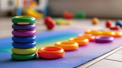 Colorful Stacking Rings on a Play Mat with Blurred Toys in the Background for a Fun and Engaging Early Childhood Learning Environment