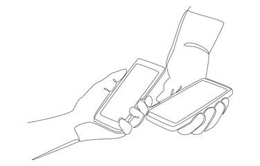 Continuous one line drawing of customer's hand holding mobile phone to scan for payment, scan QR code to pay concept, single line art.