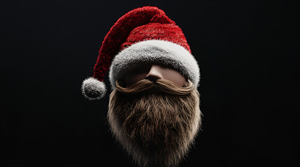 hipster Santa Claus brown beard, mustache and hat on black background, sticker style , A Santa Claus wearing and a red hat with brown beard on black background 