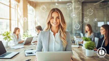 Professional woman smiling while working on a laptop in a modern office environment, surrounded by colleagues focused on their tasks with digital symbols above them.
