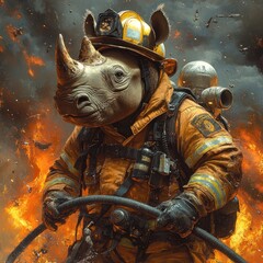 Fototapeta premium A rhinoceros wearing a firefighter uniform and helmet stands in front of a raging fire.