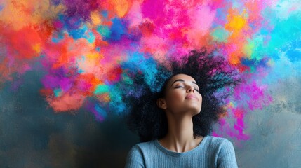 Young woman with natural curly hair experiencing vibrant explosion of colorful powders above her head, symbolizing creativity, ideas, and inspiration through visual art and expression.
