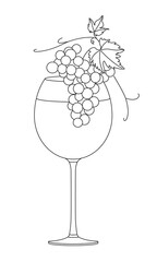 Obraz premium Glass of wine and cluster of grapes. Bunch of grapes. Vine. Vector line drawing on white or transparent background. Grapevine. Cluster of grapes