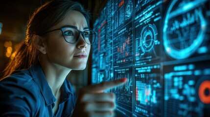 Focused Woman Analyzing Data on Transparent Digital Display with Graphs and Analytics in Modern Office Setting
