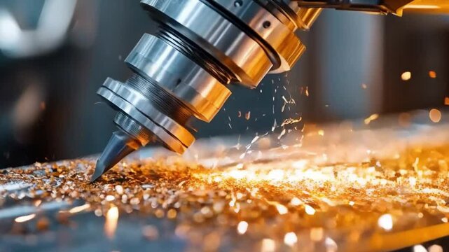 Close up of CNC machine cutting metal, creating sparks and shavings, showcasing precision and technology in industrial manufacturing with dynamic 4K motion camera. 4k motion camera