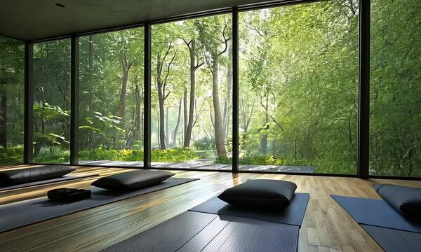 Modern meditation room with minimalist design, clean lines, and a view of a tranquil lake