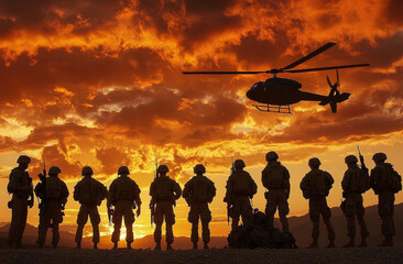 Military troops and helicopter on the way to the battlefield in sunset. , isolated on white background,  , copy space, copy space for text,