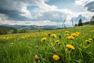 Beautiful meadow field with fresh grass and yellow dandelion flowers in nature against a blurry blue sky with clouds. Summer spring perfect natural landscape.
