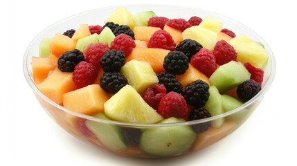 Colorful Bowl of Fresh Fruit Salad Featuring Raspberries, Blackberries, Melon, Pineapple, Cantaloupe, and Honeydew Perfect for Summer Gatherings and Healthy Snacks