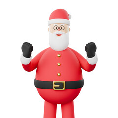Portrait 3D character of a merry Christmas Santa Claus clenching his fist while shouting hurray. Isolated on a white background.