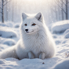 Obraz premium Majestic arctic fox sitting calmly in a snowy landscape with soft sunlight