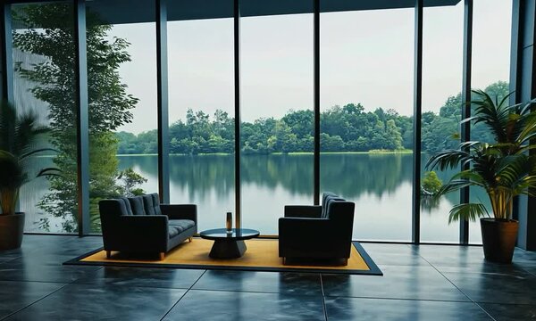 Modern hotel lobby with clean lines, contemporary fixtures, and a view of a tranquil garden