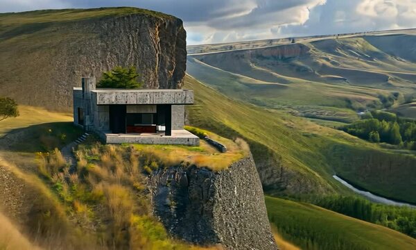 Minimalist house perched on a high plateau, overlooking a picturesque valley with rolling hills and a meandering river