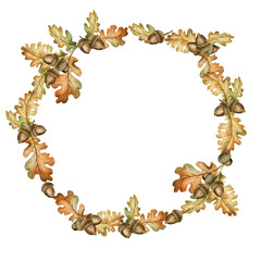 Oak branch with acorns and autumn leaves. Wreath. Watercolor hand drawn floral illustration for fall design, labels