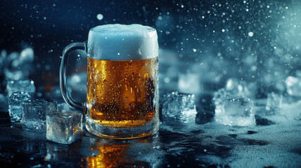 Frosty Mug of Beer with Ice Cubes in Background