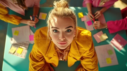 Young Woman in Bold Yellow Blazer Staring at Camera Surrounded by Colorful Stationery and Collaborators Engaged in Creative Brainstorming Session