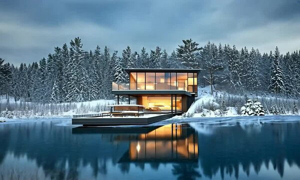 Scandinavian home on an icy ledge, with a clean facade and expansive windows, overlooking a frozen lake and snowy landscape