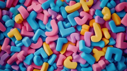 close-up shot filled with colorful foam alphabet letters, tightly packed, frame entirely covered, educational and playful background