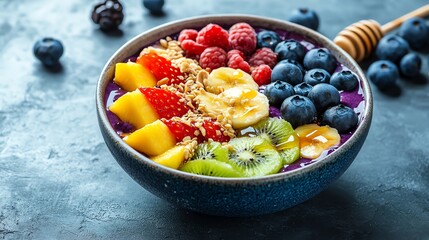 A colorful acai bowl with fresh fruit, granola, and honey drizzled on top.