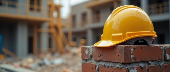Dirty yellow helmet on unfinished brick wall, blurred construction background