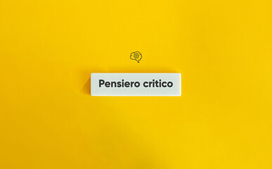 Critical Thinking Banner. Brain with Cogwheel Icon and Text on Block Letter Tile on Yellow Background. Minimal Aesthetic.