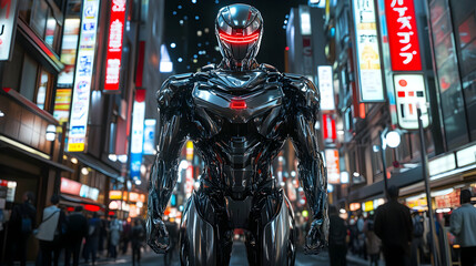 Fototapeta premium Cyberpunk Robot Stands in Neon-Lit City Street at Night, Futuristic 3D Illustration