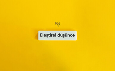 Critical Thinking Banner. Brain with Cogwheel Icon and Text on Block Letter Tile on Yellow Background. Minimal Aesthetic.