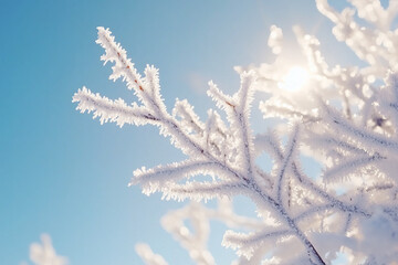 White frost and snow covered tree branches against blue sky background with copy space. Winter landscape concept.