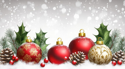 A Christmas scene with a white background and a bunch of red and gold ornaments