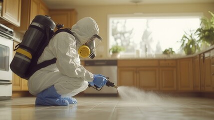 Pest control service in residential kitchen setting.