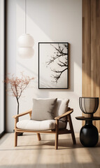 Minimalist Living Room Interior Design with Wooden Chair Lamp and Artwork