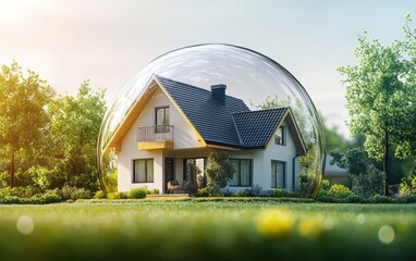 Modern house inside a transparent bubble, on a clear outdoor background, representing the concept of protection and property insurance professional stock photo on white background