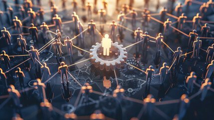 Large interconnected network of gears symbolizing corporate competition, with one oversized gear dominating the scene, representing antitrust concerns. Central gear with copy space for text.