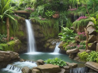 Naklejka premium A peaceful waterfall cascading down mossy rocks, surrounded by lush tropical plants and greenery