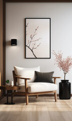 Minimalist Living Room Interior Design with White Armchair Wooden Floor and Flower Branch Artwork