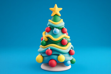 A festive 3D render of a Christmas tree in a playful, cartoony style, adorned with bright ornaments and a star on top. 