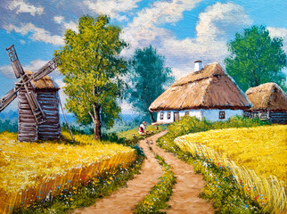 Oil paintings rural landscape, old village in Ukraine. Fine art, artwork, old wooden house