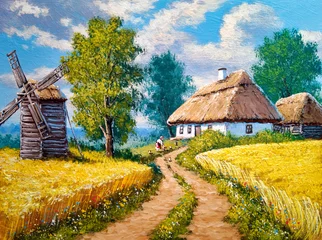  Oil paintings rural landscape, old village in Ukraine. Fine art, artwork, old wooden house © yaroslavartist