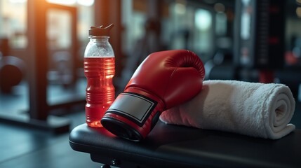 Naklejka premium A boxing glove rests on a gym bench next to a towel and a sports drink at a fitness center during the late afternoon