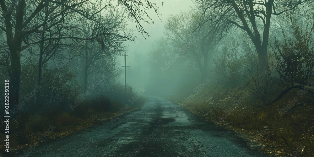 Poster a foggy forest road with trees in the background