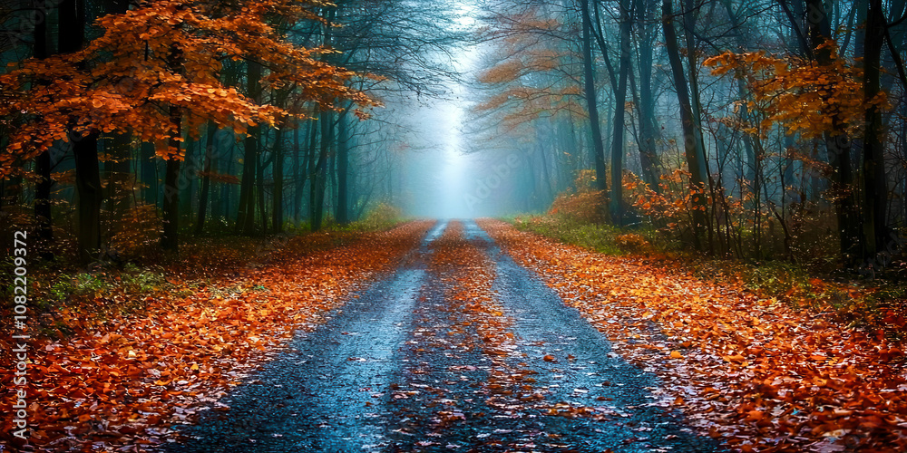 Poster a road with leaves on the ground and a forest in the background