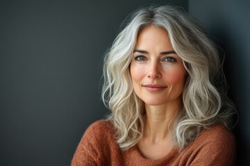 Fototapeta premium Portrait of a middle-aged woman with long gray hair. Beautifully aging woman with well-groomed face and hair. Beauty and health concept.