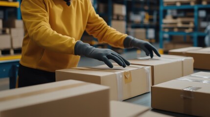 Warehouse Packing Process: Worker Preparing Packages for Shipment at Packing Table with Emphasis on Efficient Packing, Warehouse Management, and Detailed View of Packing Activities and Table Setup