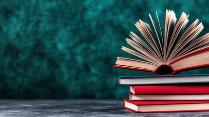 Open Book on Stack of Books with Green Background