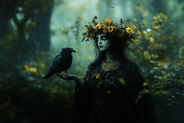 Fototapeta premium Enigmatic figure adorned with autumn leaves stands in a mystical forest with a raven perched nearby