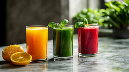 Fototapeta premium Refreshing Juice Trio: Orange, Green, and Beetroot Smoothies in Glasses, Garnished with Mint, Displayed on a Marble Tabletop