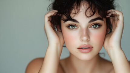 Obraz premium Close-up Portrait of a Woman with Curly Hair, Gently Touching her Face, Soft Light, Natural Beauty