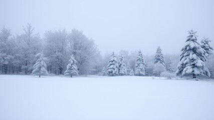 Fototapeta premium Snow-covered landscape with bare trees, creating a serene winter atmosphere, frosty, landscape