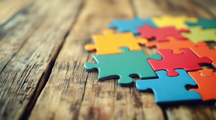 Colorful puzzle pieces arranged on a rustic wooden surface, symbolizing problem-solving, teamwork, and creative thinking in a bright and playful manner